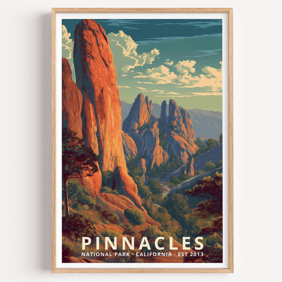Pinnacles National Park retro travel poster — volcanic rock spires rising above chaparral ridges, California