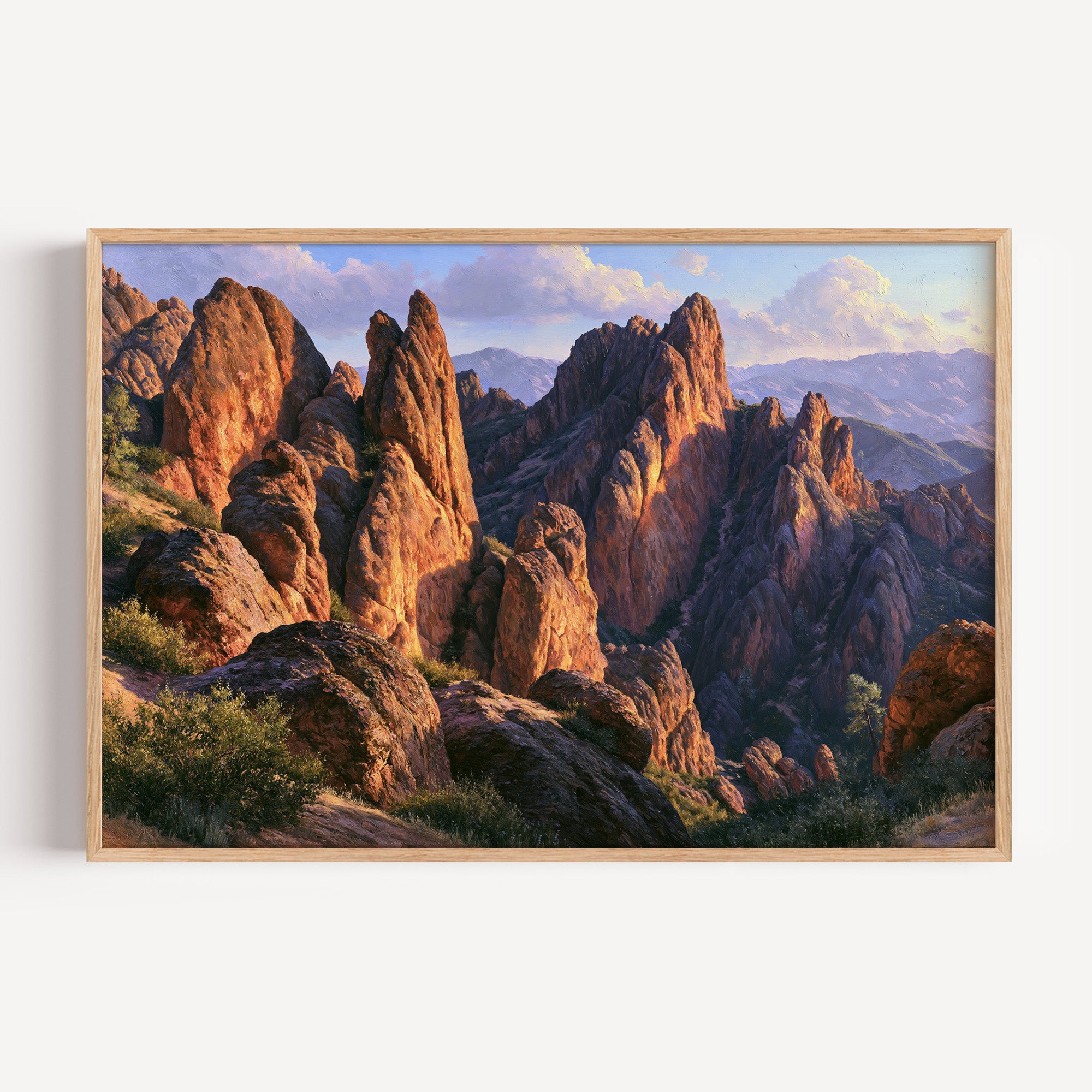 Pinnacles National Park classical oil painting print in an oak frame: orange rock spires at sunset
