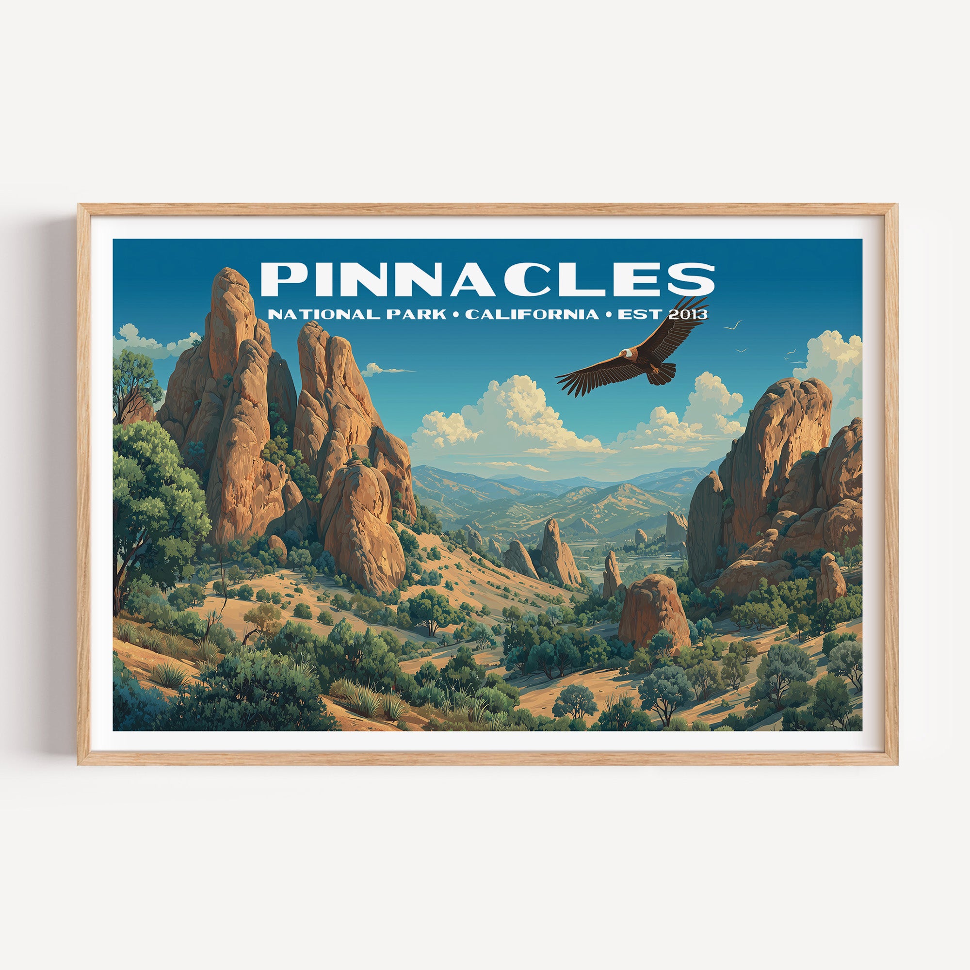 A California condor soaring above the volcanic rock spires of Pinnacles — Pinnacles National Park vintage WPA travel poster print