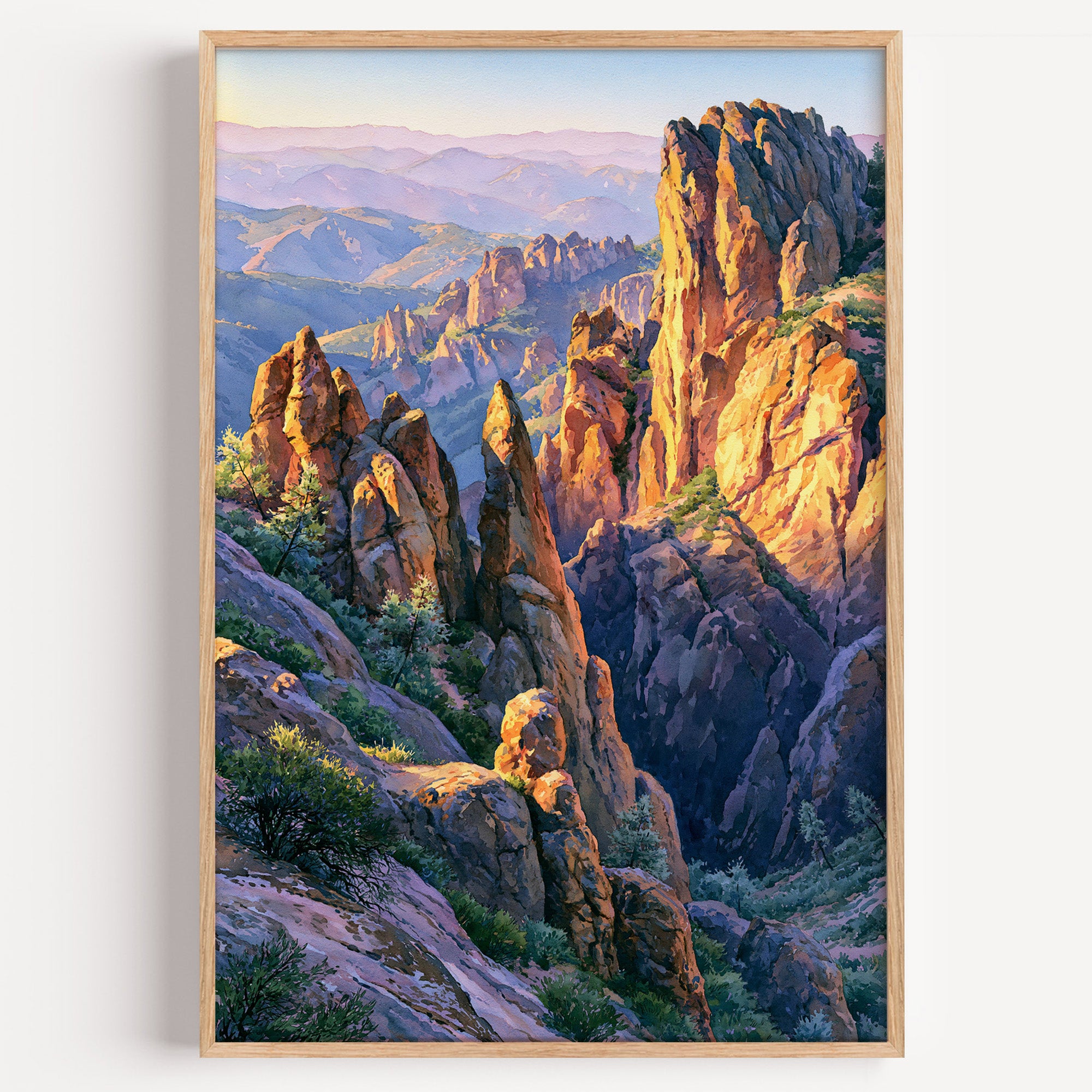 Pinnacles National Park watercolor art print: sunlit volcanic spires above chaparral and hazy coast ranges