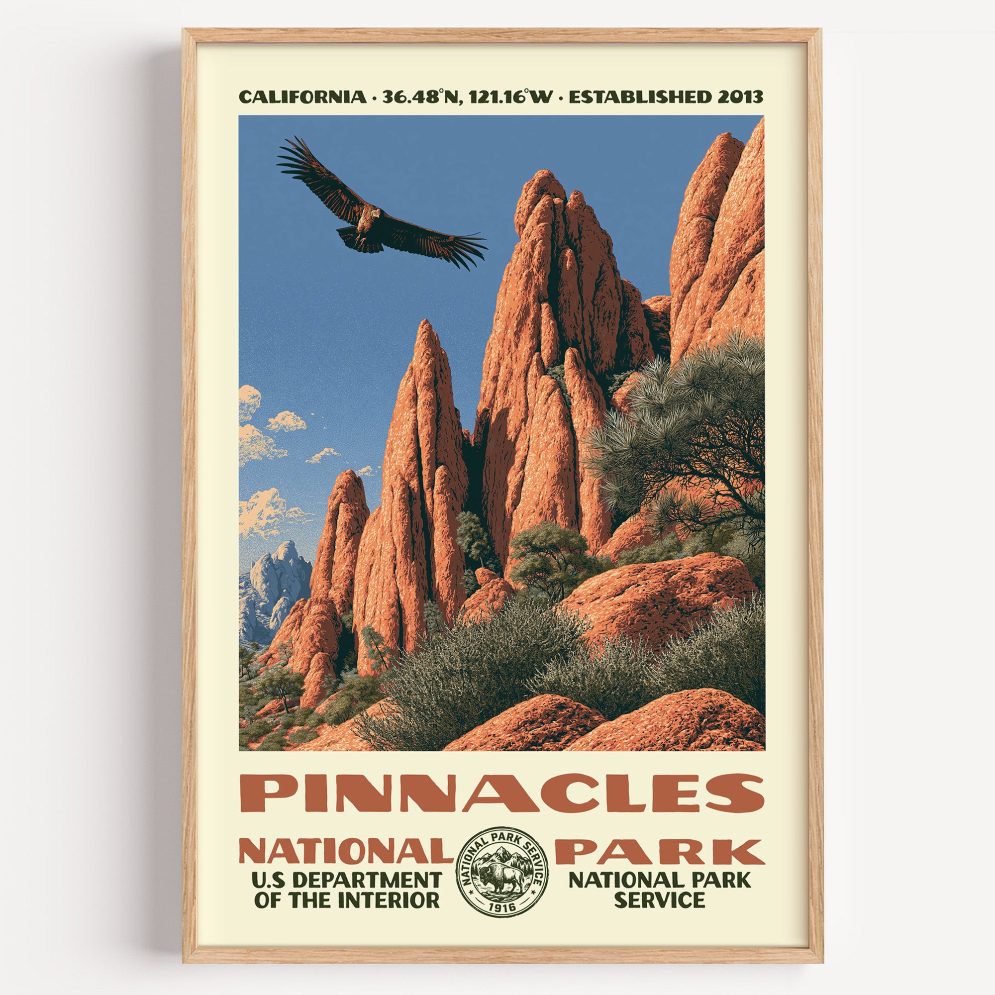 Pinnacles National Park vintage WPA poster in a wood frame, a California condor soaring past volcanic rock spires
