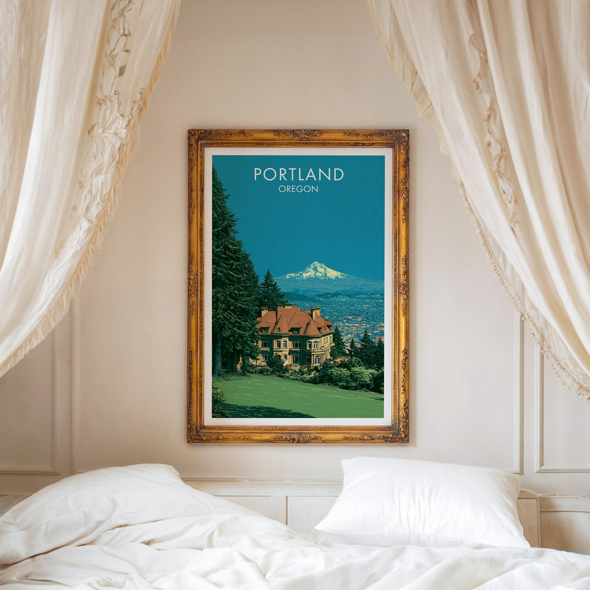 Pittock Mansion canvas print in a carved gold frame over a white bed with a linen canopy.