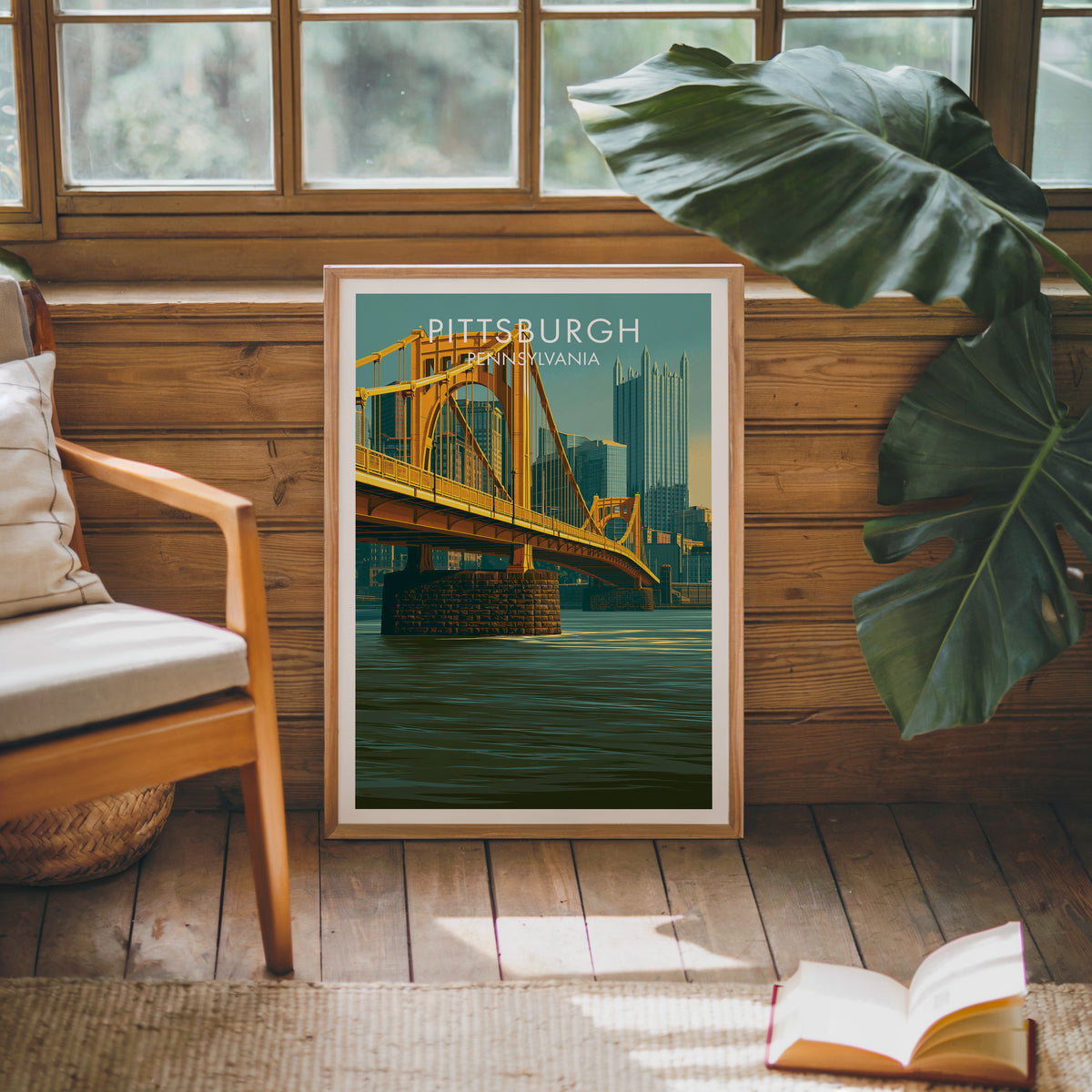 River bridge print in an oak frame on a sunlit wood-grain wall by a mid-century armchair and open book.