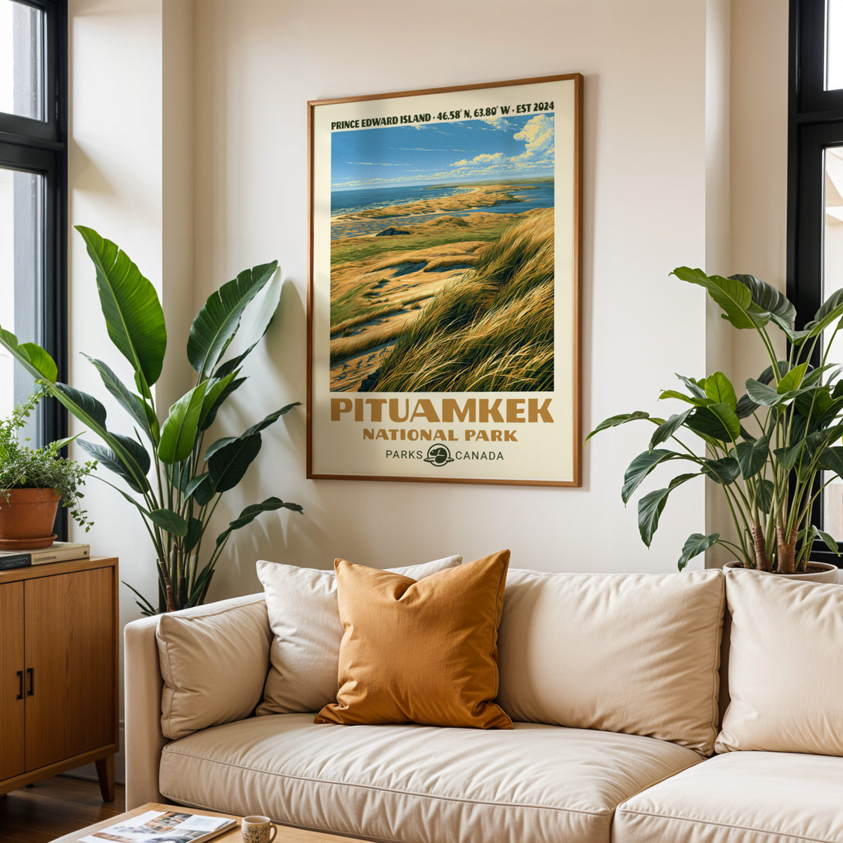 Pituamkek dune chain travel print in an oak frame above a cream sofa with a rust cushion