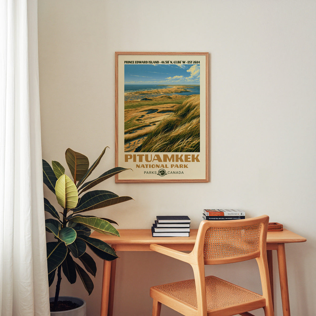 Pituamkek National Park canvas print in an oak frame above a wood desk with a cane chair