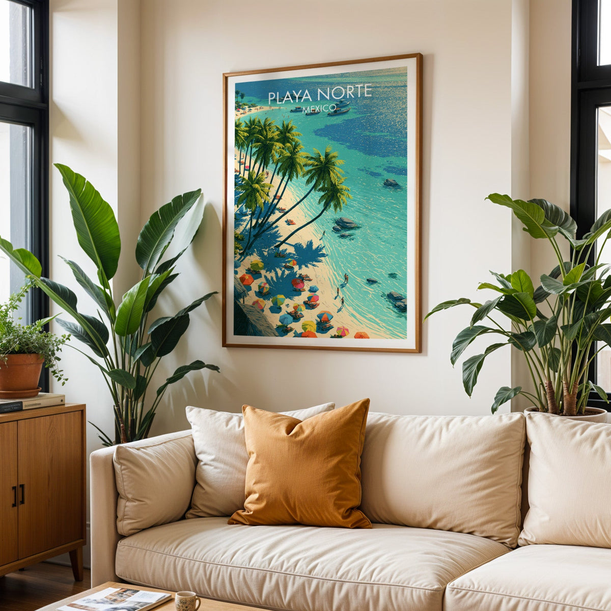 Coconut palms over jade water, oak frame above a cream sofa with a burnt-orange cushion and tall plants.