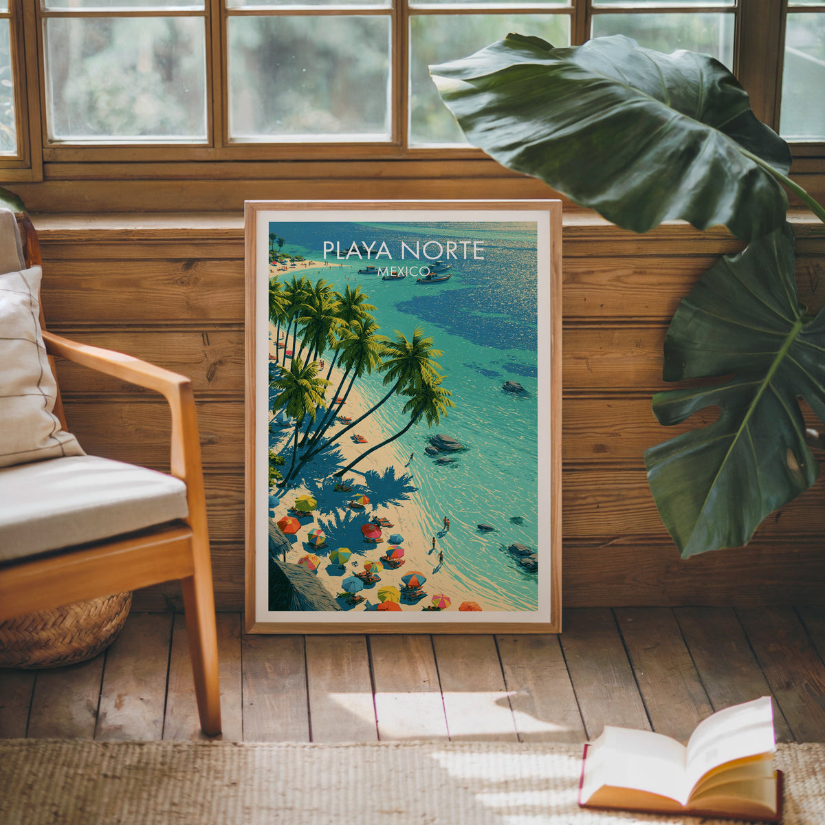 Moored boats and clear shallows, oak frame on a pine cabin wall with a wooden armchair and jute rug.