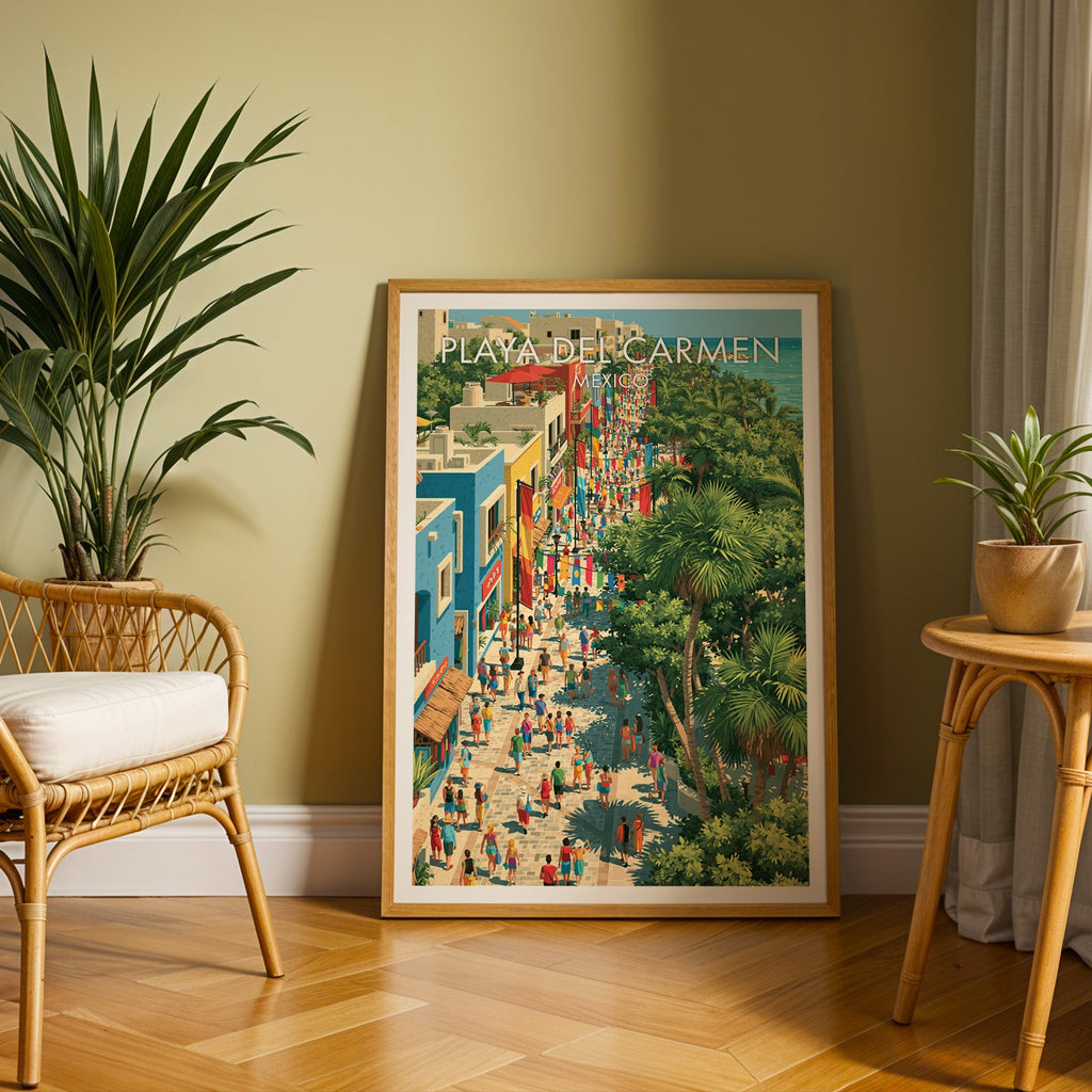 Riviera Maya street scene in an oak frame on herringbone parquet, olive wall, rattan chair and cane table.