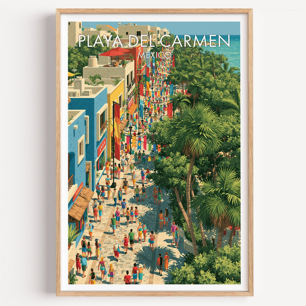 Playa del Carmen street print with coloured bunting over a crowd, light oak frame on a plain white wall.