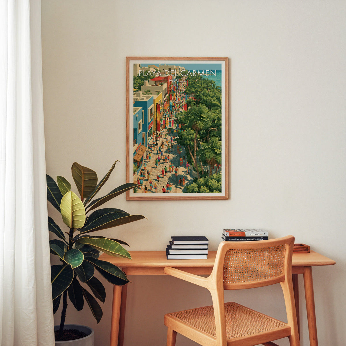 Rooftop view down a market street, oak frame above a wooden home-office desk with a cane chair.