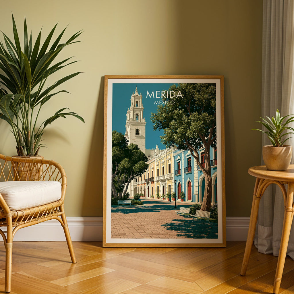 Yucatan square poster in an oak frame on herringbone parquet, olive wall, rattan chair and cane table.