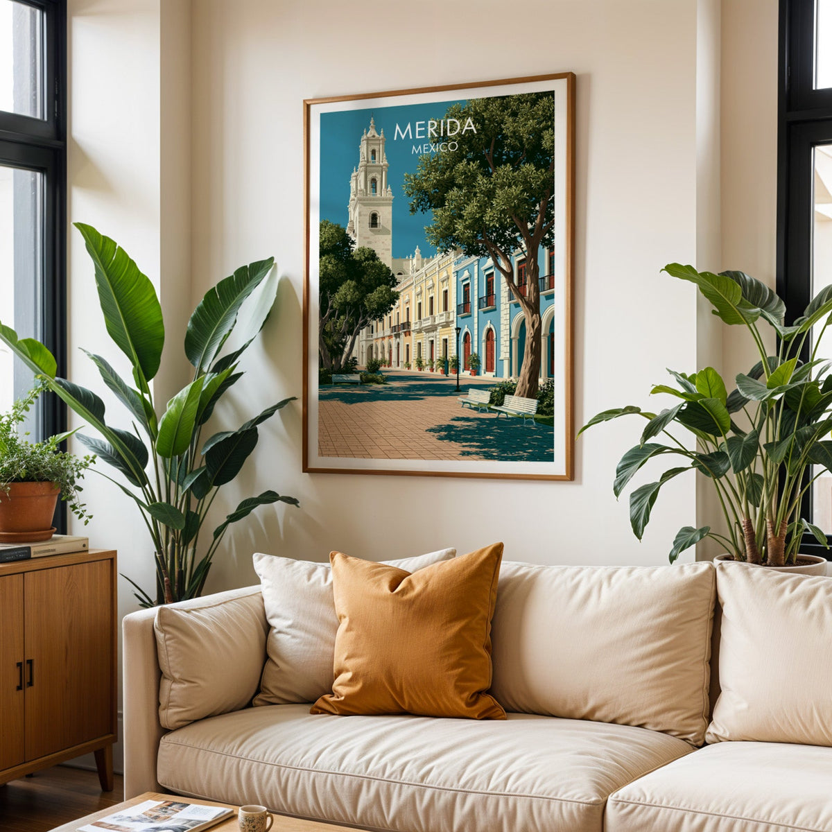 Terracotta paving and tree shade, oak frame above a cream sofa with a burnt-orange cushion and plants.