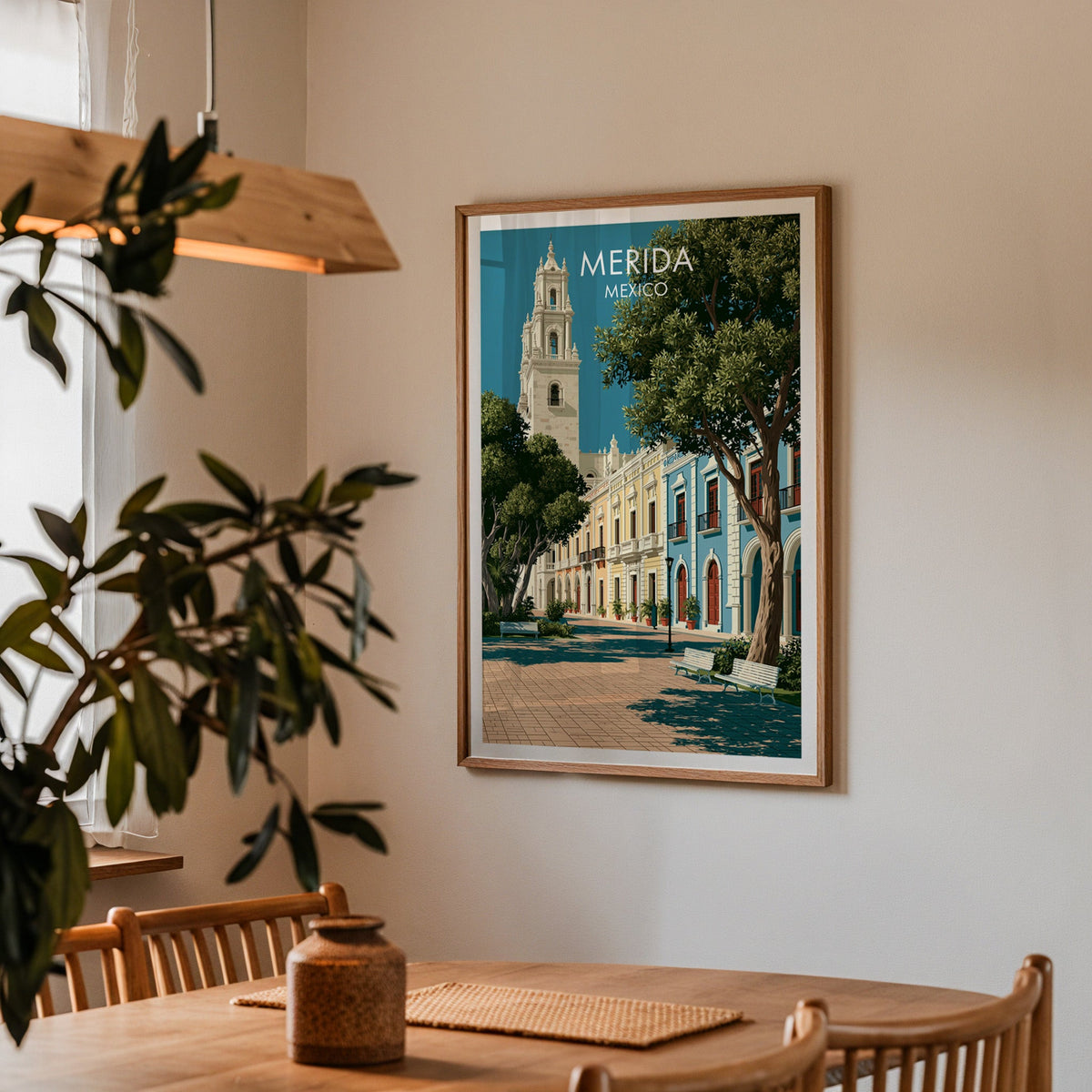 Park benches in the plaza, oak frame in a dining corner with spindle chairs and a wood pendant lamp.