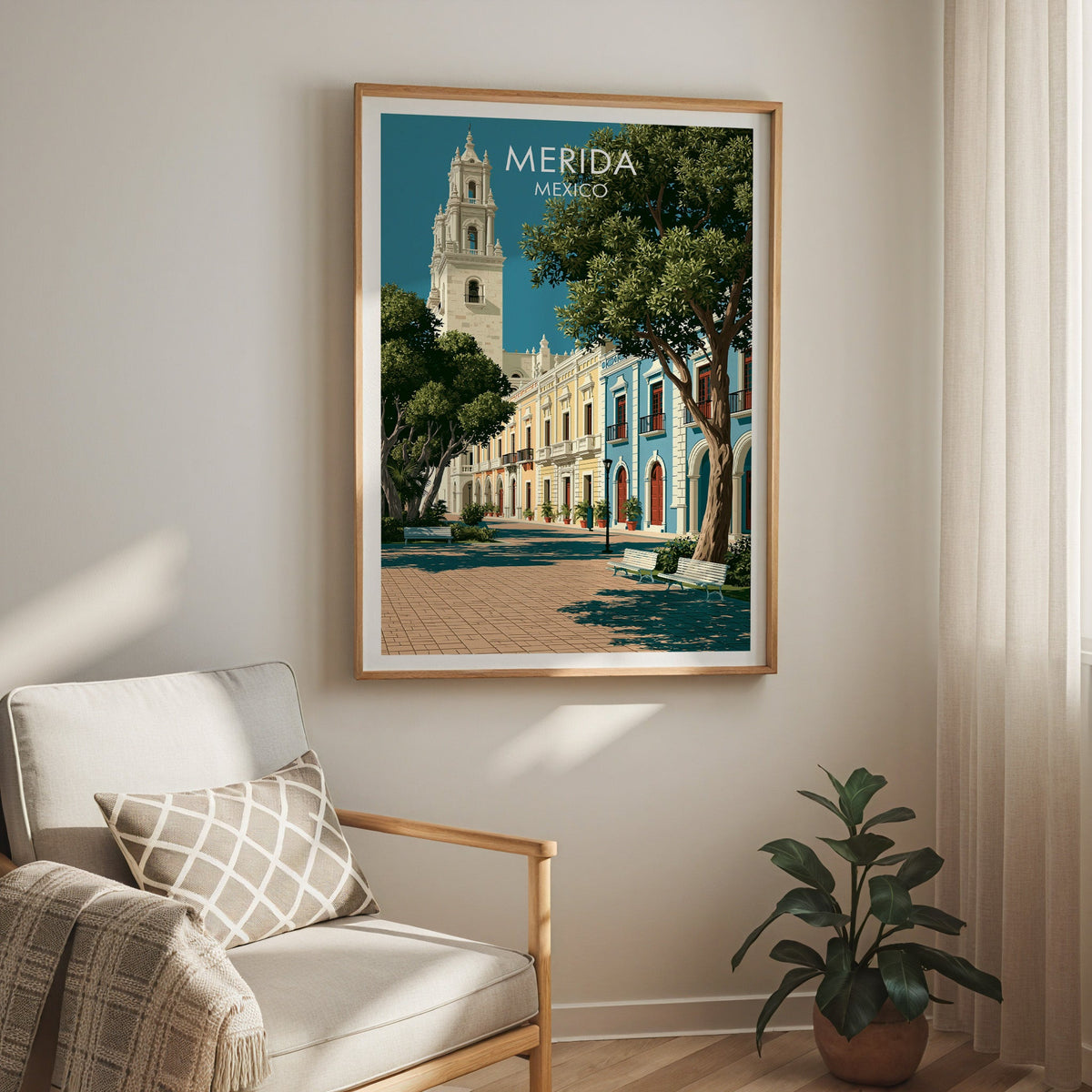 Teal sky and cream arcade print, oak frame over a cream armchair with a check cushion and sheer curtain.