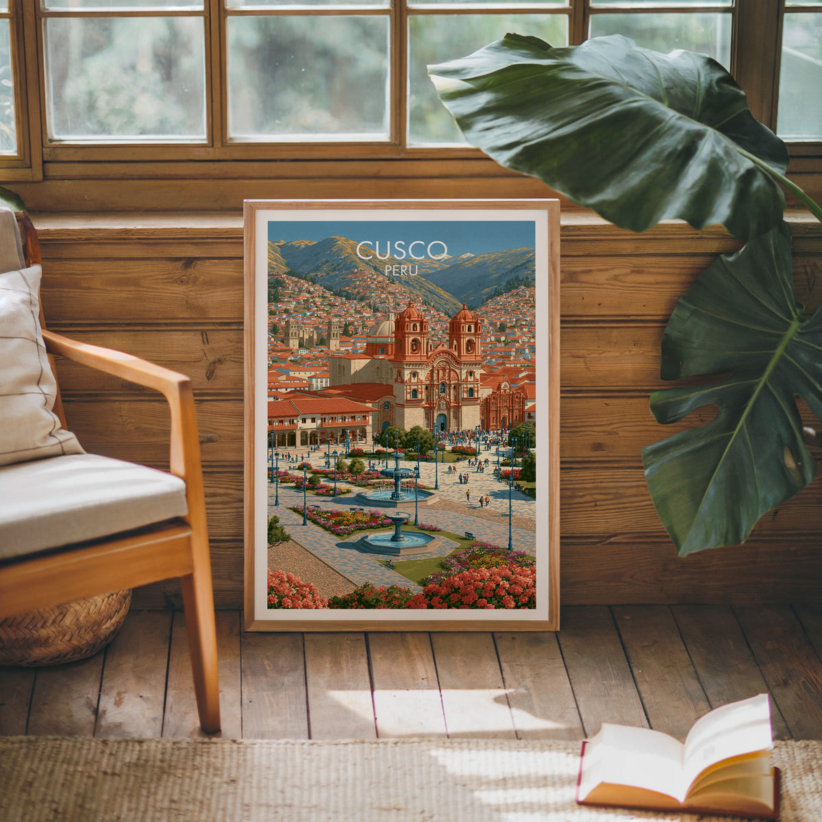 Cusco rooftops wall art in an oak frame against pine cabin boards with a cream chair and monstera leaf