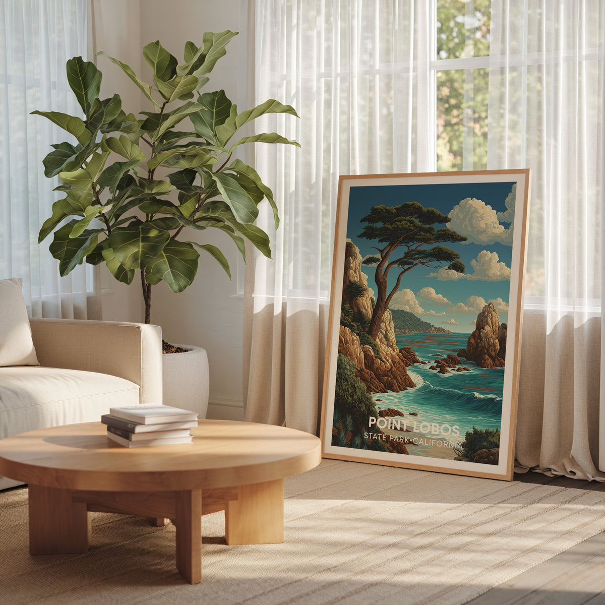 Turquoise cove cypress print leaning at a gauzy window next to a large banana plant