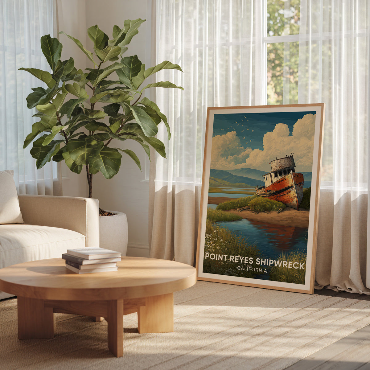 Point Reyes shipwreck print leaning at a gauzy window beside a large banana plant