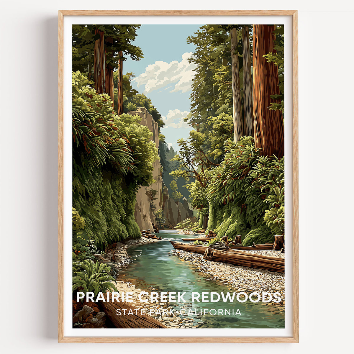 Prairie Creek Redwoods fern canyon poster in an oak frame on a bare white wall