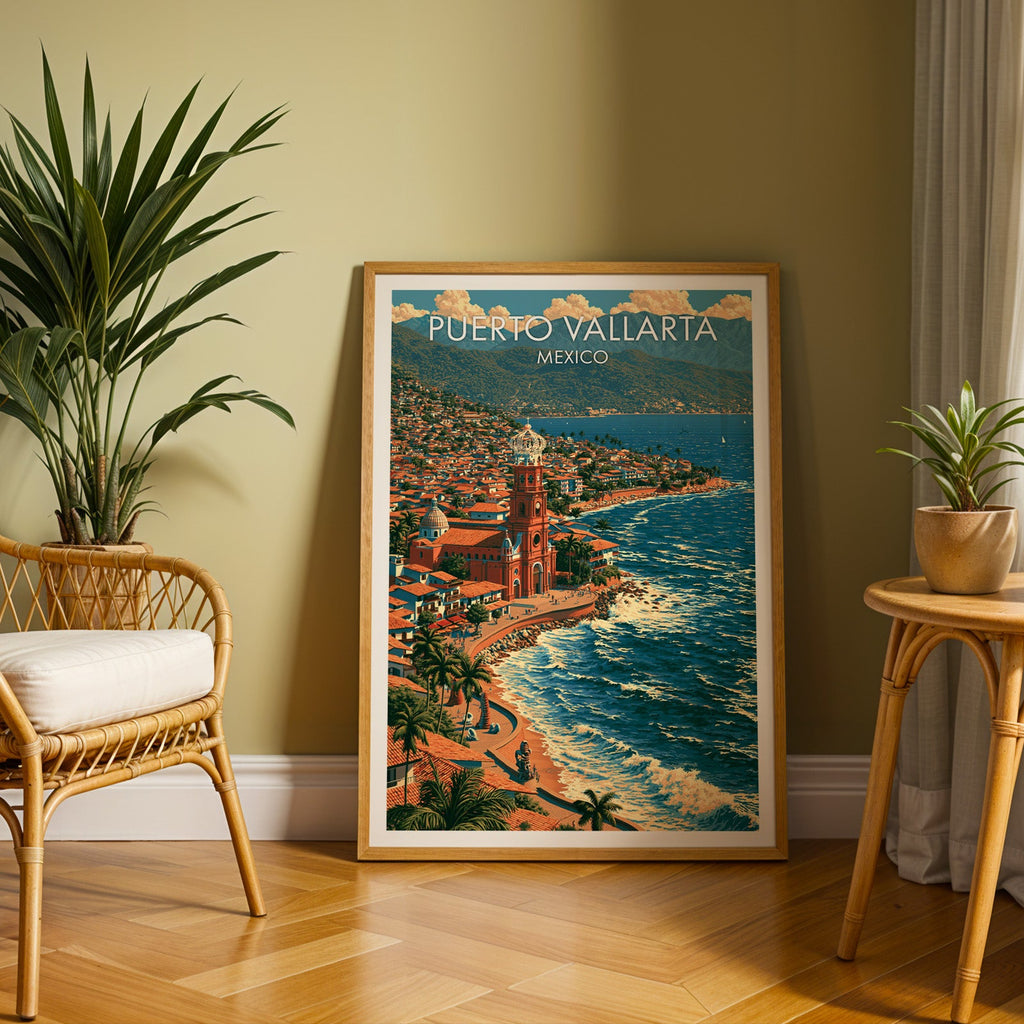 Palms along the seafront walkway in an oak frame on herringbone parquet, rattan chair and olive wall
