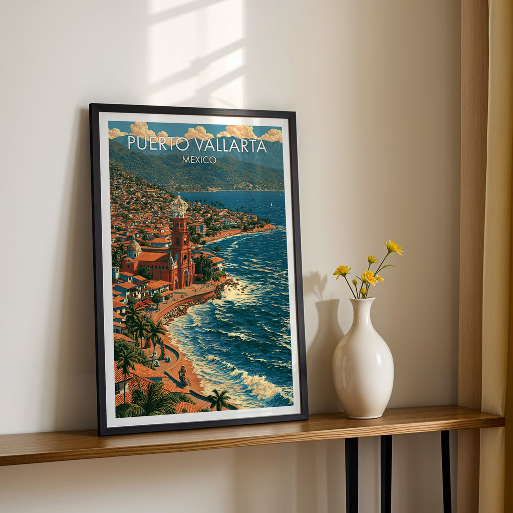 Terracotta rooftops above the beach, black frame on a wood shelf with yellow daisies, cream wall