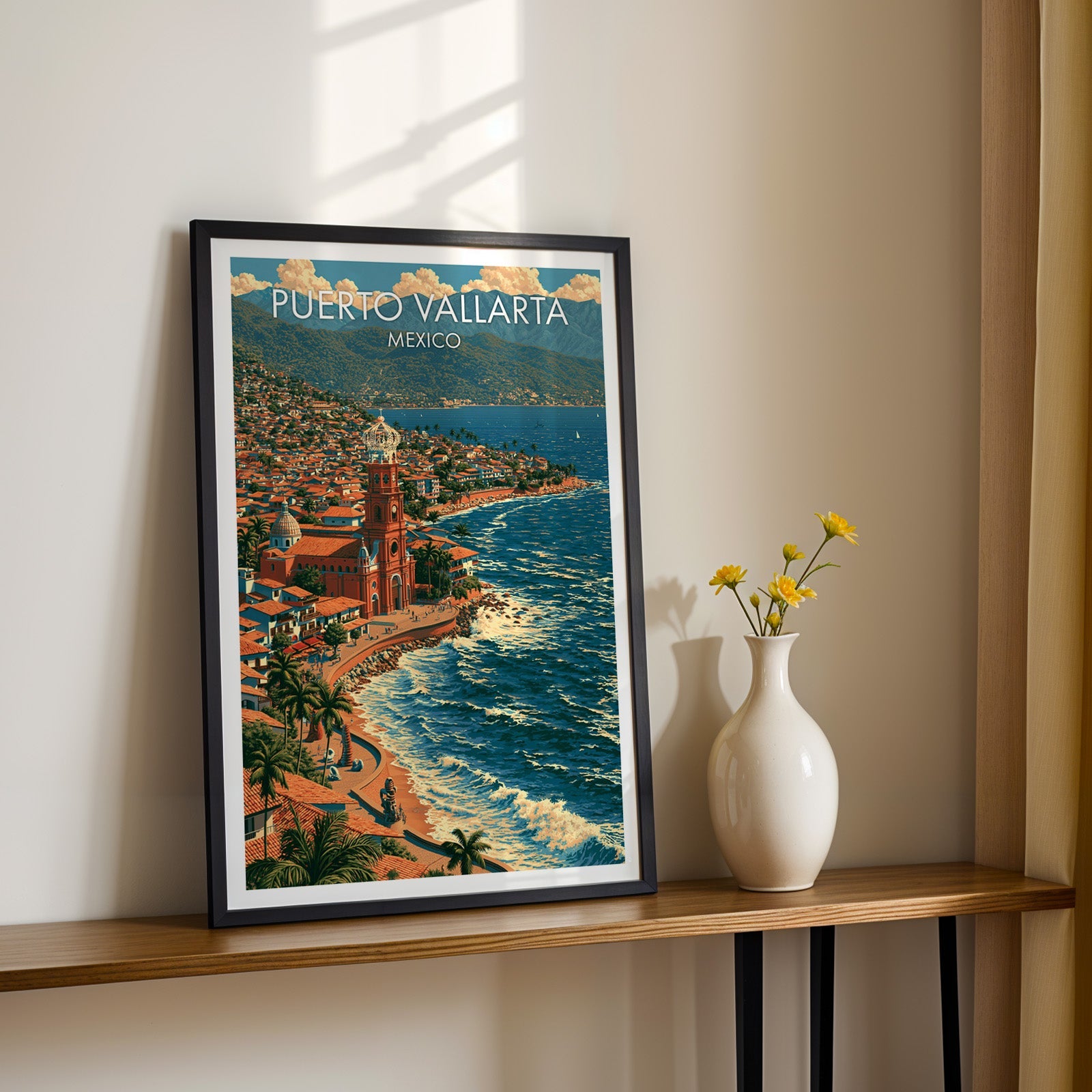 Terracotta rooftops above the beach, black frame on a wood shelf with yellow daisies, cream wall