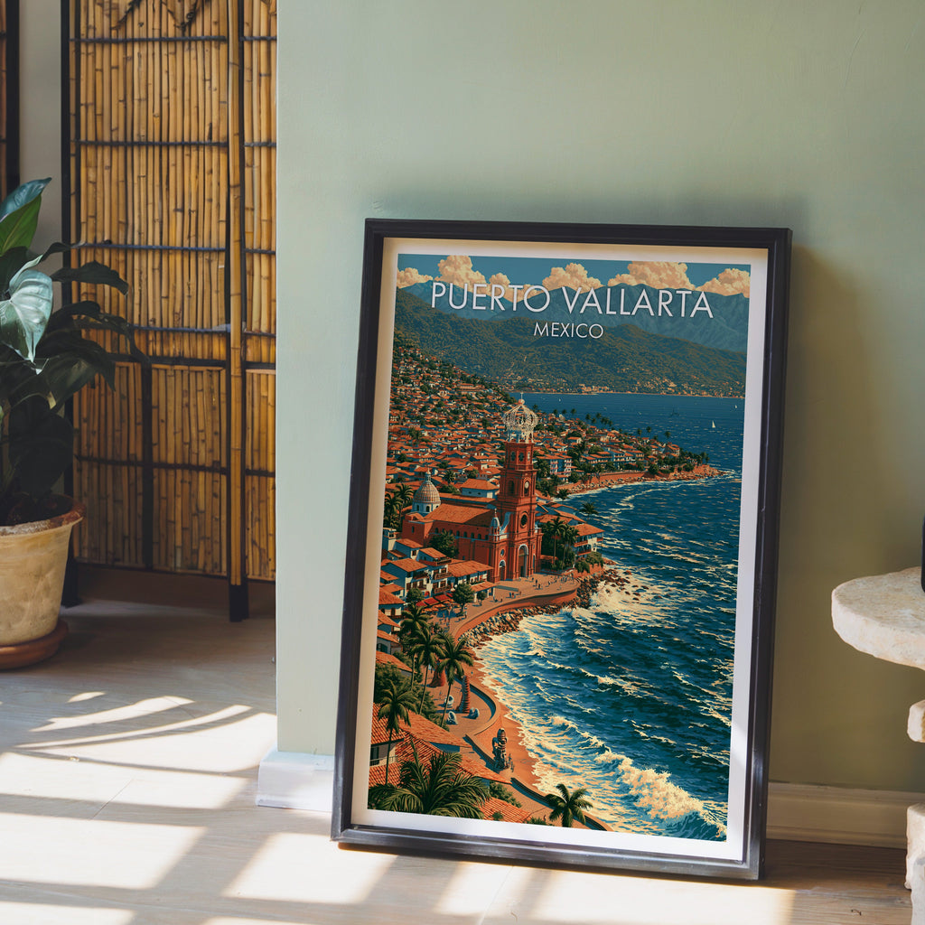 Rust and teal coastline, black frame leaning on pale wood floor by a sage wall and bamboo screen