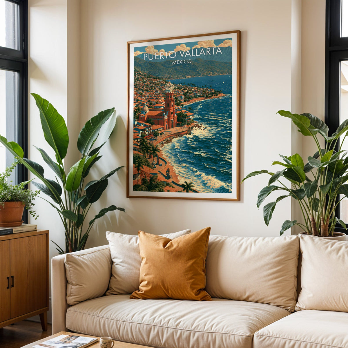 Puerto Vallarta travel print in an oak frame above a cream sofa with a burnt-orange cushion and plants
