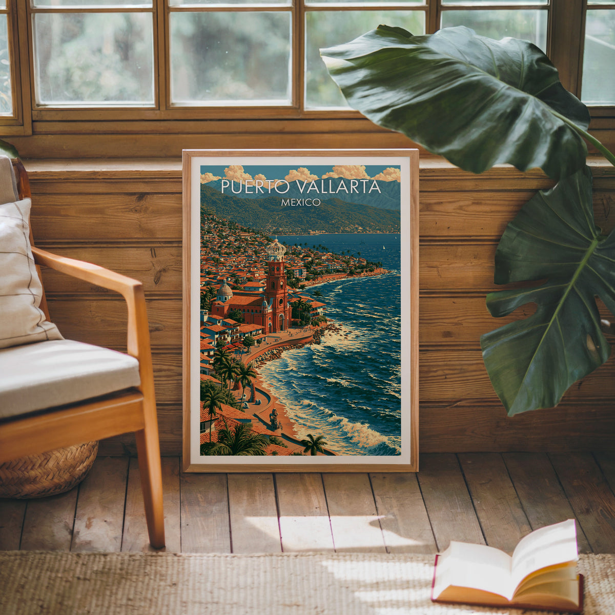 White breakers over dark rocks, oak frame on a pine cabin wall by a wooden armchair and monstera leaf