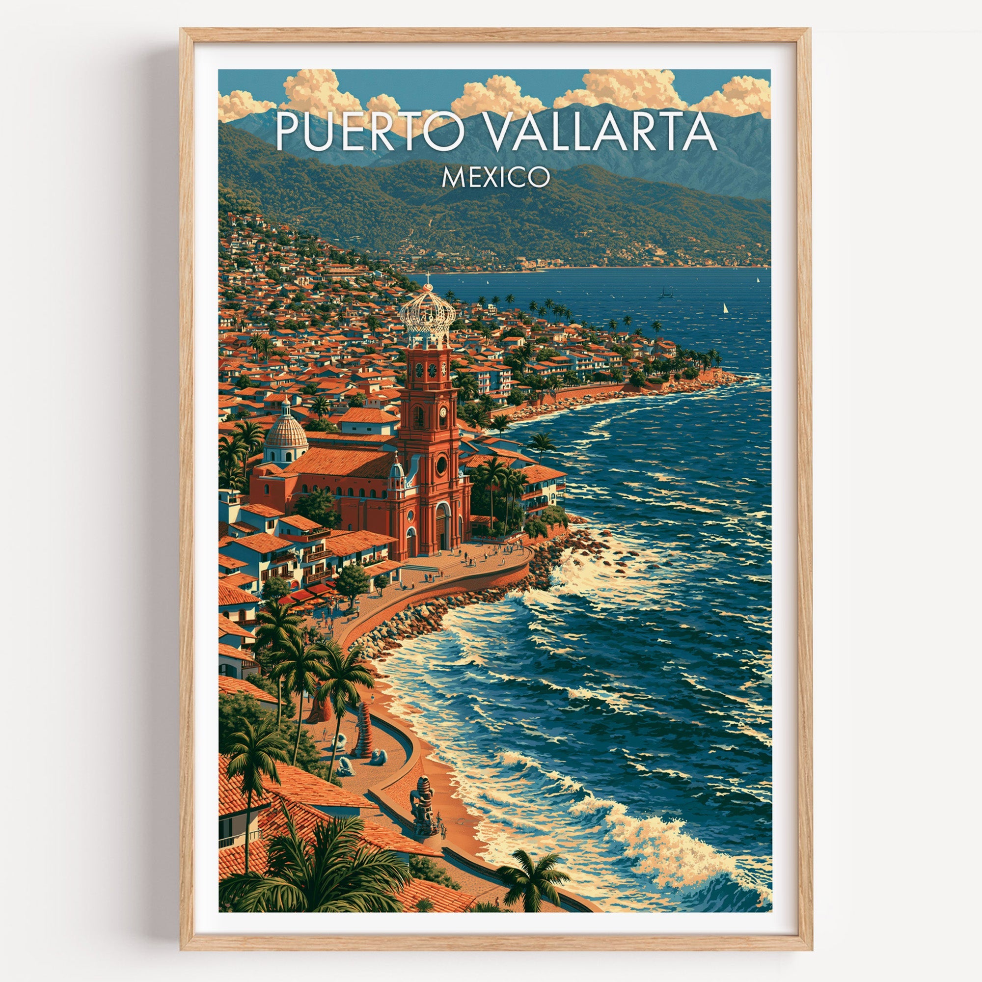 Puerto Vallarta crowned bell tower print in a light oak frame on a plain white wall