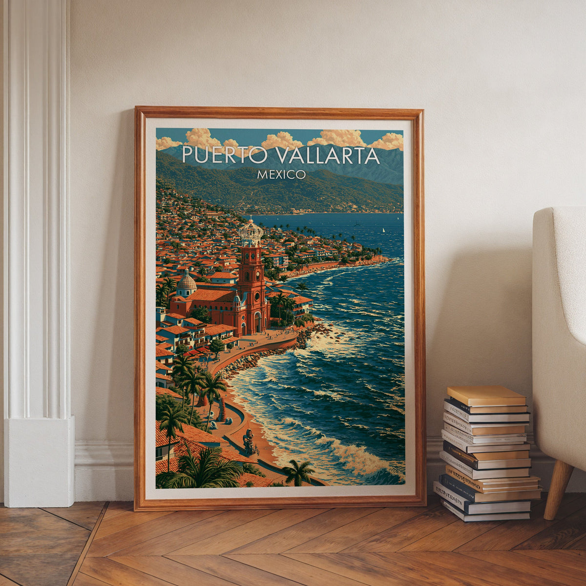 Puerto Vallarta shoreline in a walnut frame on a herringbone floor with stacked books and an armchair
