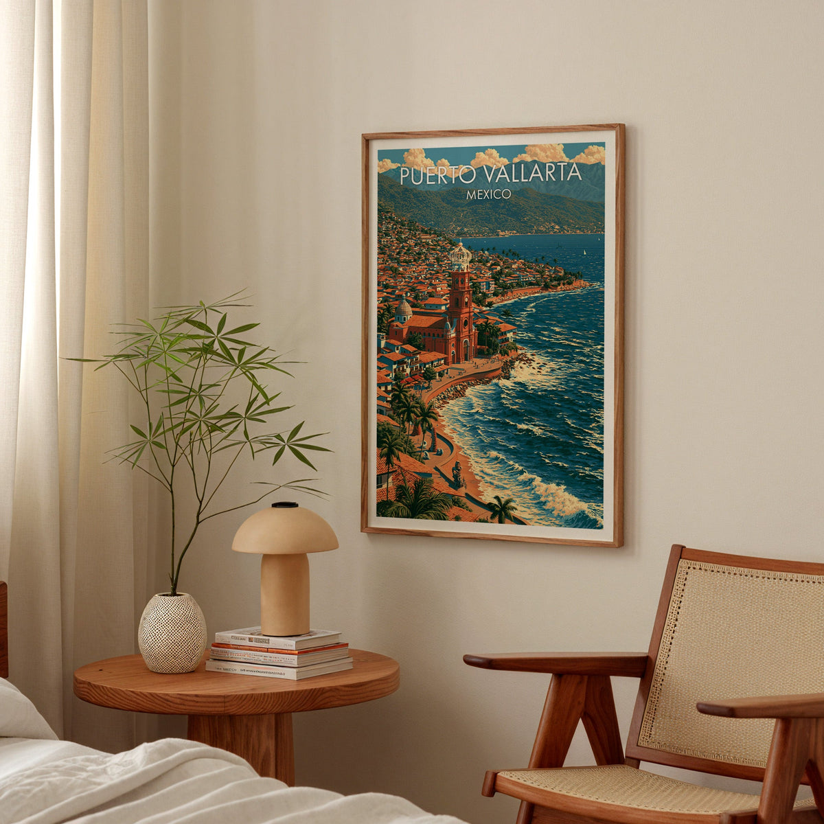 Blue bay and cream clouds in an oak frame above a round bedside table with a mushroom lamp