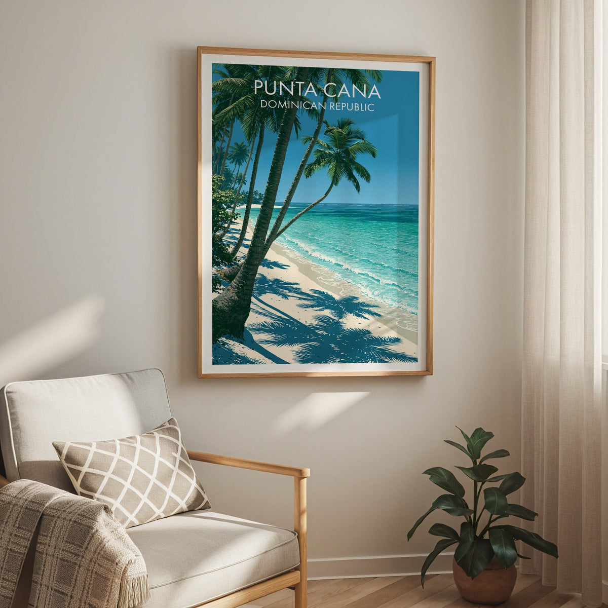 Leaning coconut palms, oak frame above a cream armchair with a check cushion and a sheer curtain