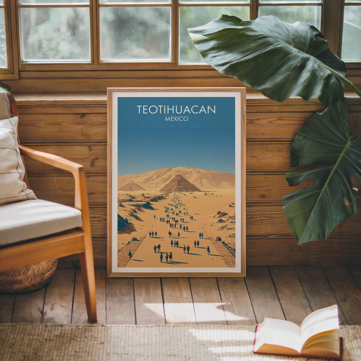 Teotihuacan poster in a pine cabin, oak frame by a wooden armchair, monstera leaf and jute rug