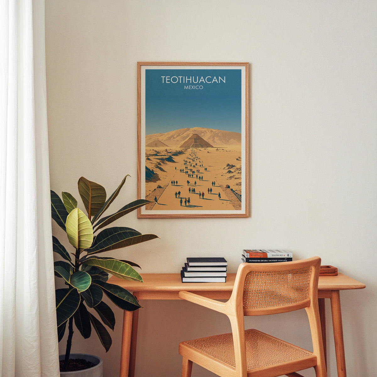 Crowds walking to the Pyramid of the Sun, oak frame above a home-office desk with a cane chair