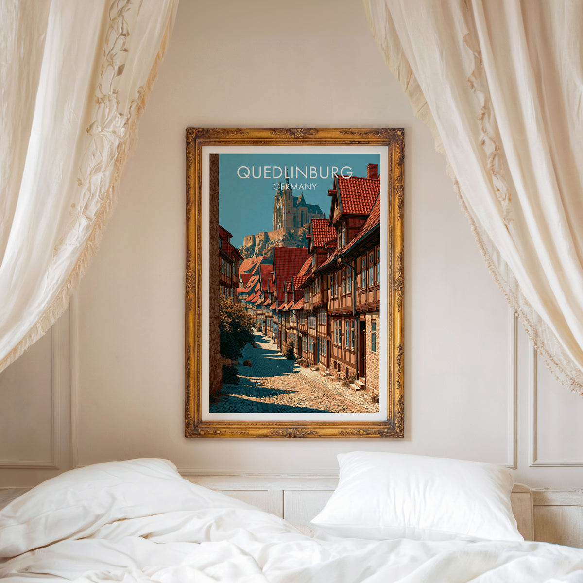 Quedlinburg travel poster, ornate gold frame above a white bed with linen canopy curtains