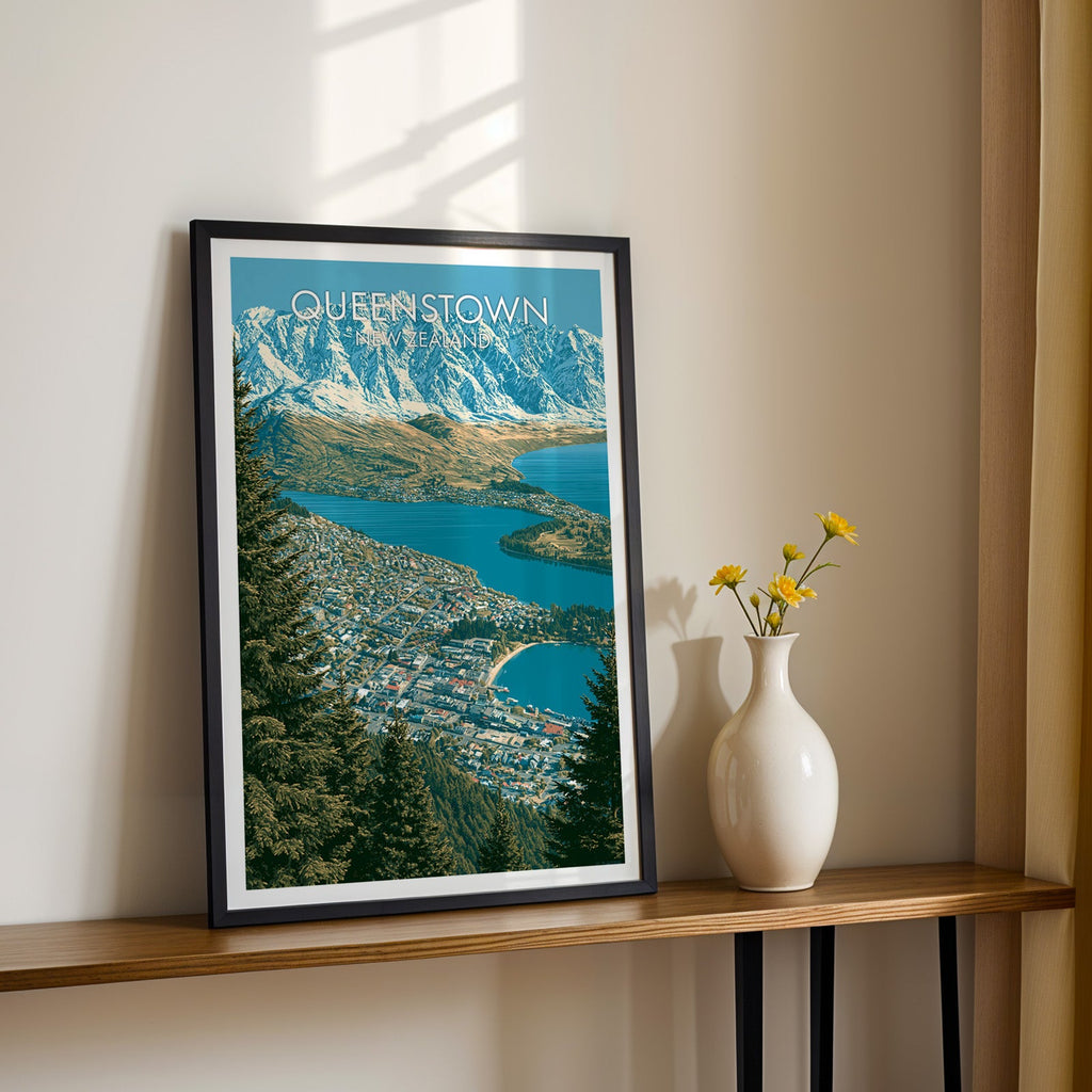 Lakeside town artwork in a black frame on a wood shelf with yellow daisies on a sunlit cream wall