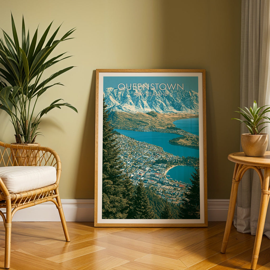 Queenstown lake art in an oak frame on herringbone parquet with an olive wall and rattan chair