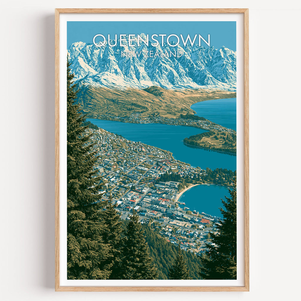 Queenstown travel print in a light oak frame on a plain white wall