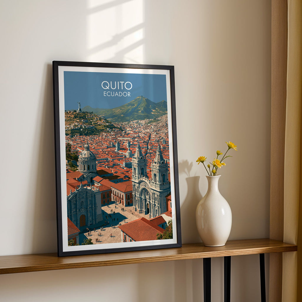Ecuadorian church print in a black frame on a slim wood shelf with yellow daisies in a white vase, cream wall