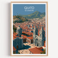 Quito Ecuador travel print of baroque bell towers over red-tiled roofs in a light oak frame on a white wall