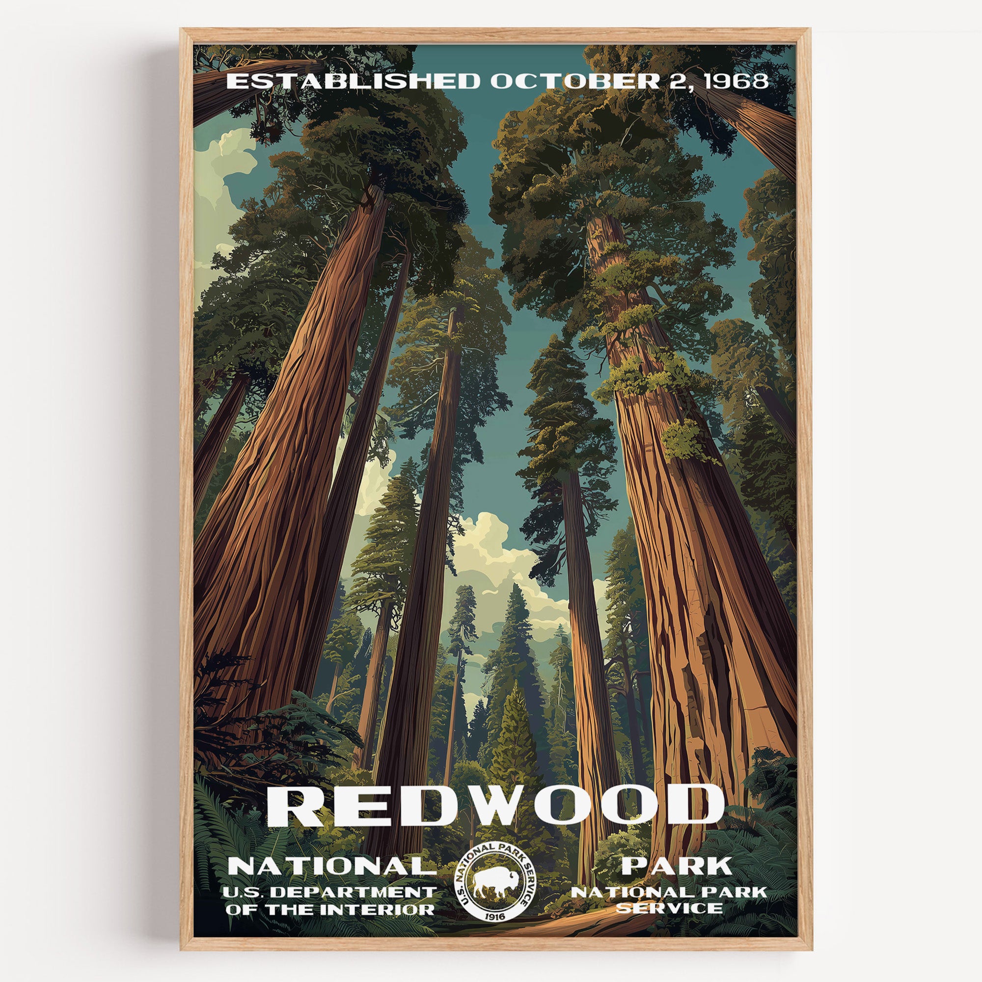 Redwood National Park vintage travel poster in a wood frame, the view straight up the trunks of towering coast redwoods