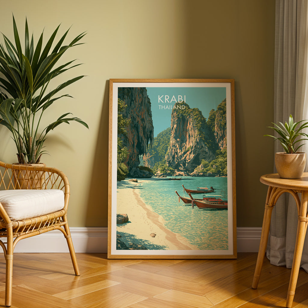 Large Railay Beach Krabi Thailand travel print in an oak frame leaning on a herringbone floor next to a rattan chair