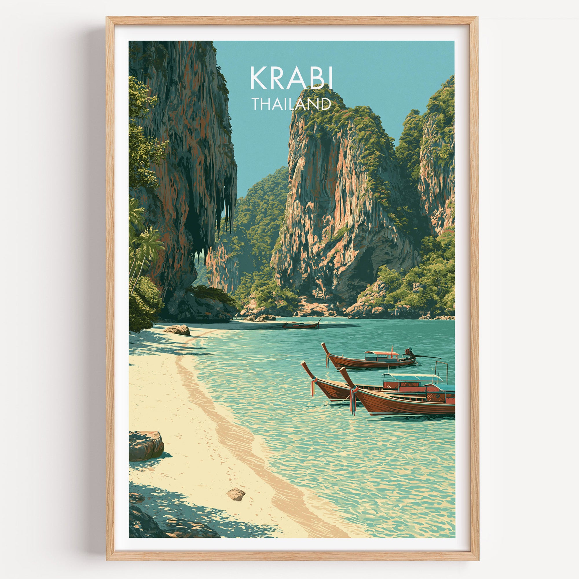 Railay Beach Krabi Thailand travel poster in a natural wood frame, shown against a clean white wall
