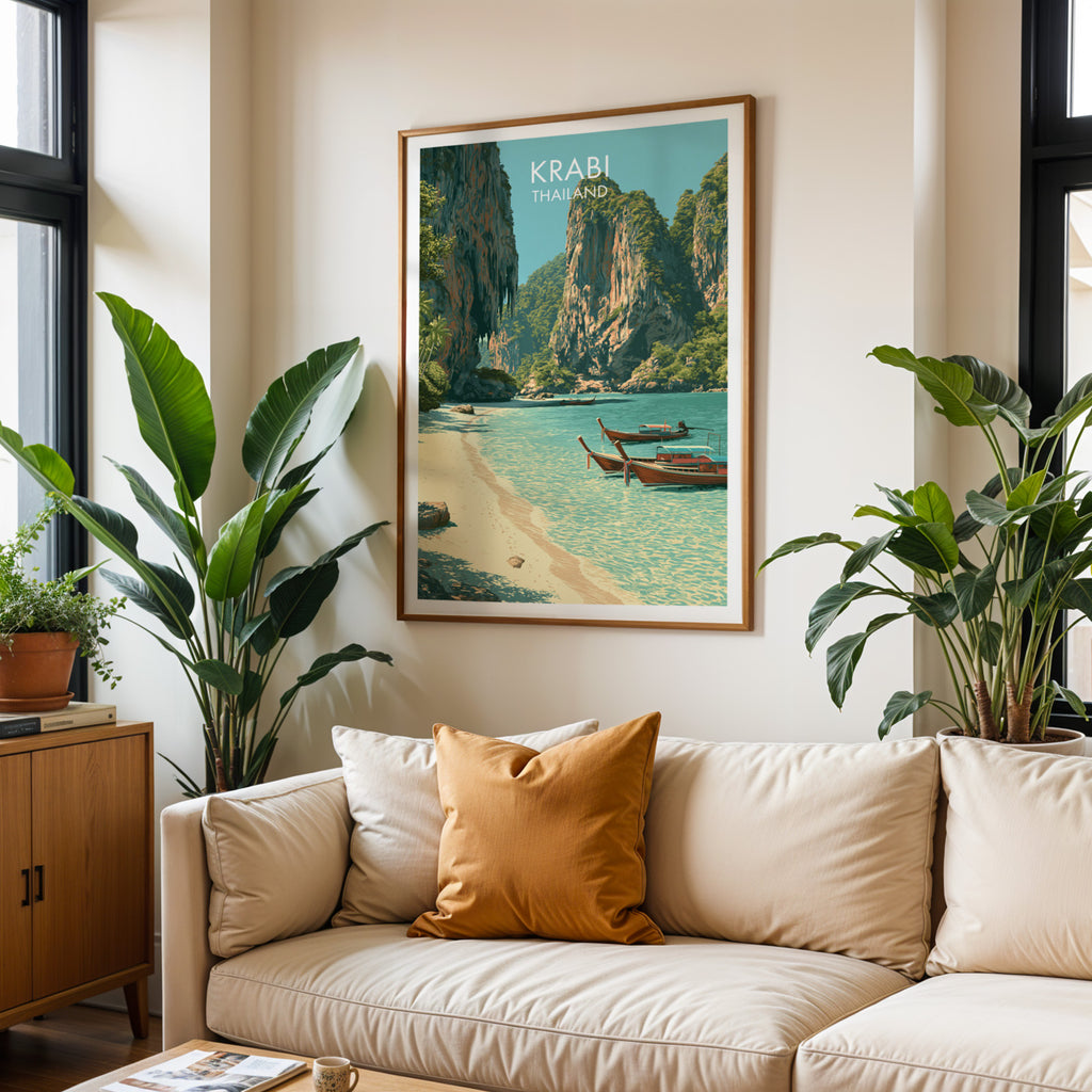 Framed Railay Beach Krabi Thailand wall art hanging above a cream sofa in a bright living room with tropical plants