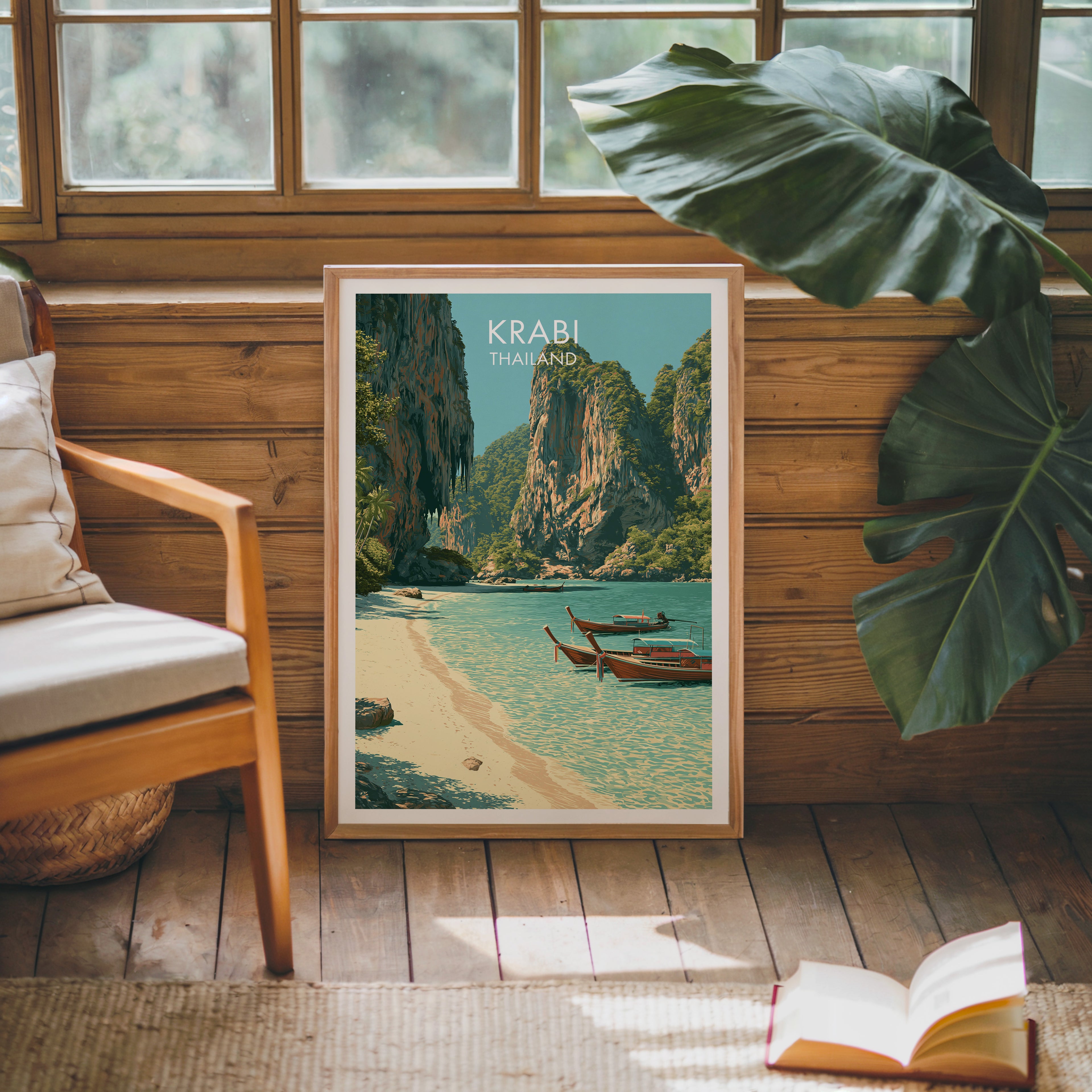 Framed Railay Beach Krabi Thailand poster leaning against a timber cabin wall with monstera leaves and an open book