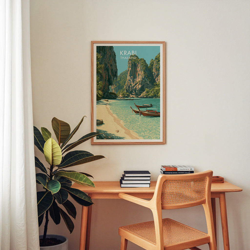 Railay Beach Krabi Thailand wall art above a wooden home office desk with a rattan chair and books