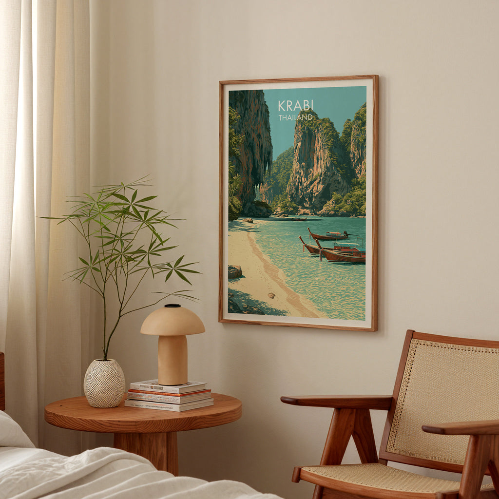 Railay Beach Krabi Thailand poster above a bedroom nightstand with a bamboo plant and mushroom lamp