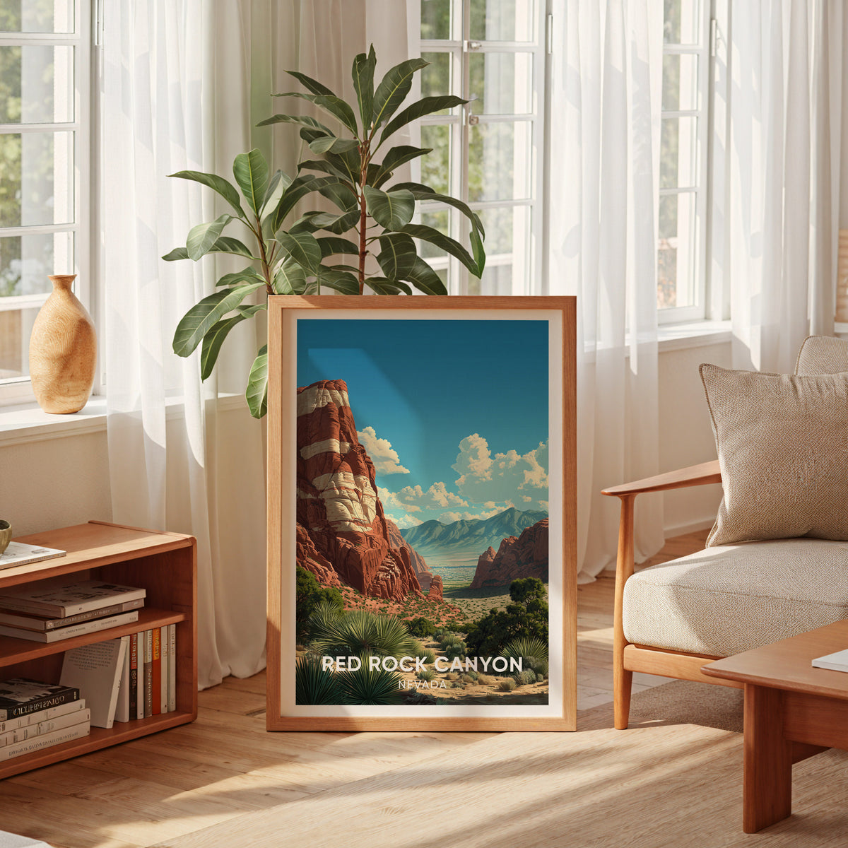 Red Rock Canyon artwork in oak by a curtained window with a tall plant and a low bookshelf