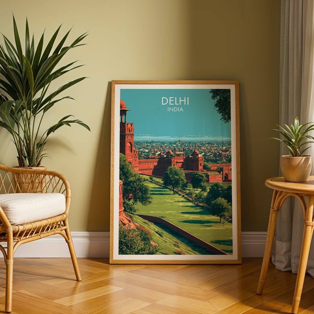 Large Red Fort Delhi India travel print in an oak frame leaning on a herringbone floor next to a rattan chair