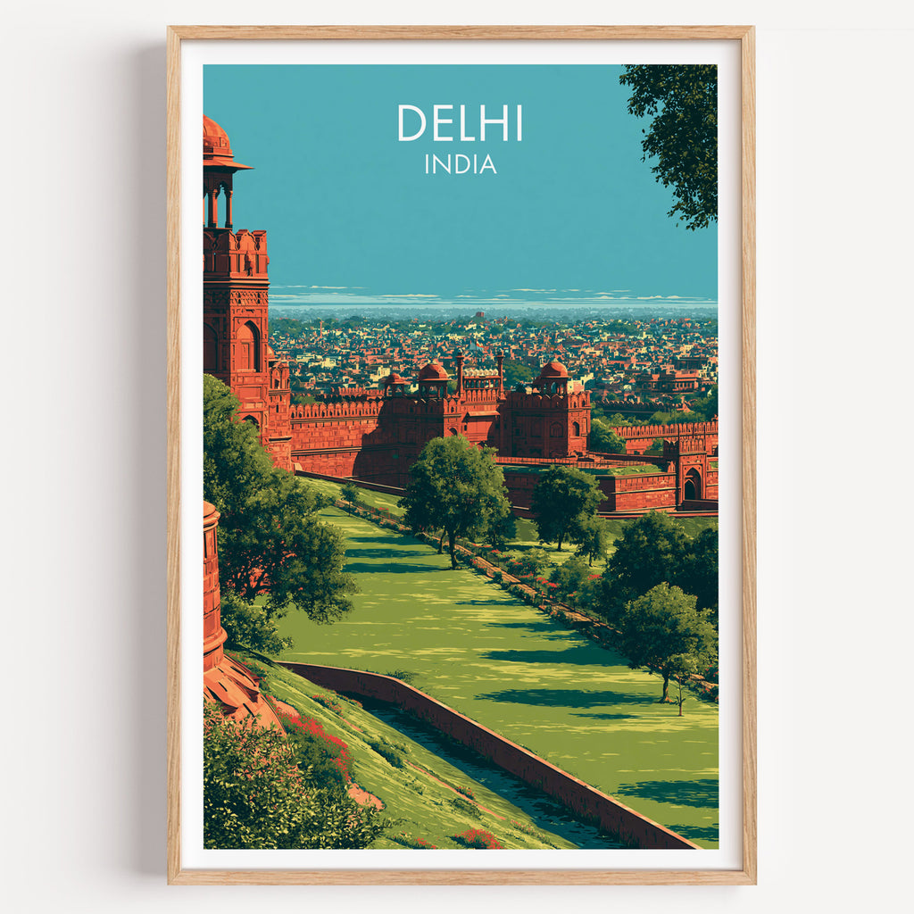 Red Fort Delhi India travel poster in a natural wood frame, shown against a clean white wall